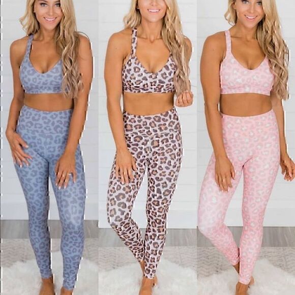 Pink Lily Leopard Print Activewear Set - Blue, Brown, Pink - Picture 1 of 3